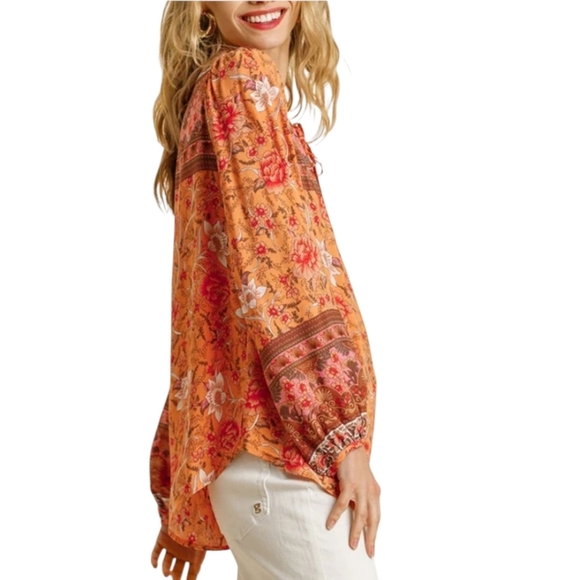 Orange Floral Peasant Top Lightweight Festival Flowy Rayon Blouse By Umgee Sz M - Picture 2 of 11